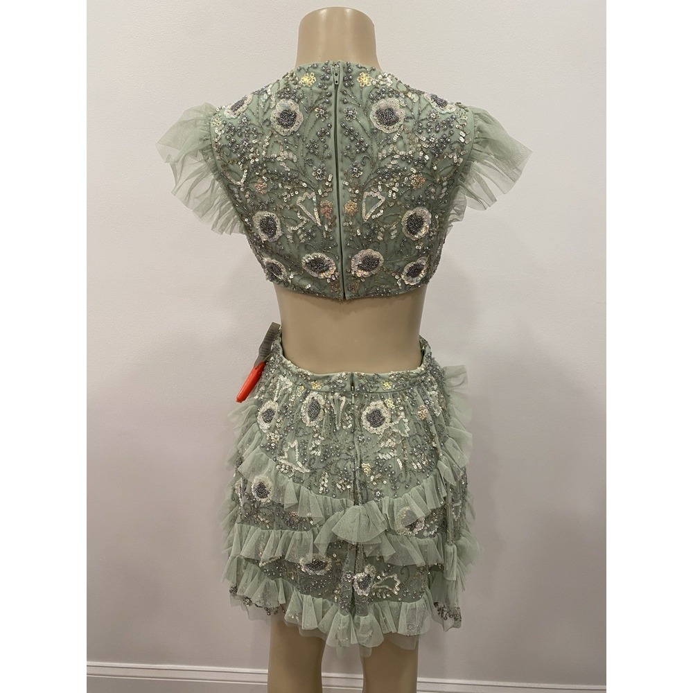 Mac Duggal 35101 Dress Seafoam Green Floral Mini Cutout Waist Sequin Beaded SZ 6 - Picture 3 of 12